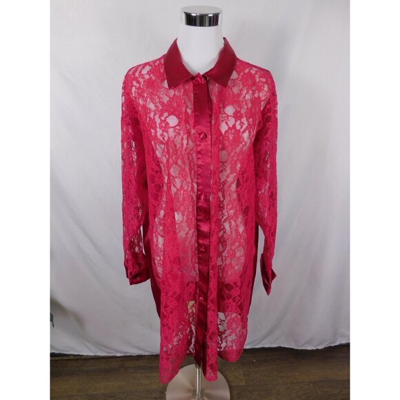 Victoria's Secret Sleep Shirt Womens Medium Large Red Lace Satin Button Front - Picture 1 of 12